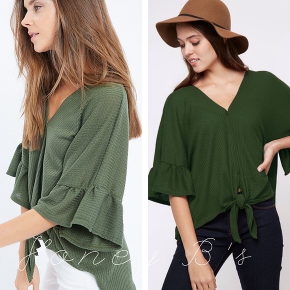 Flutter bell sleeve waffle knit tiefront Vneck top - Picture 3 of 3